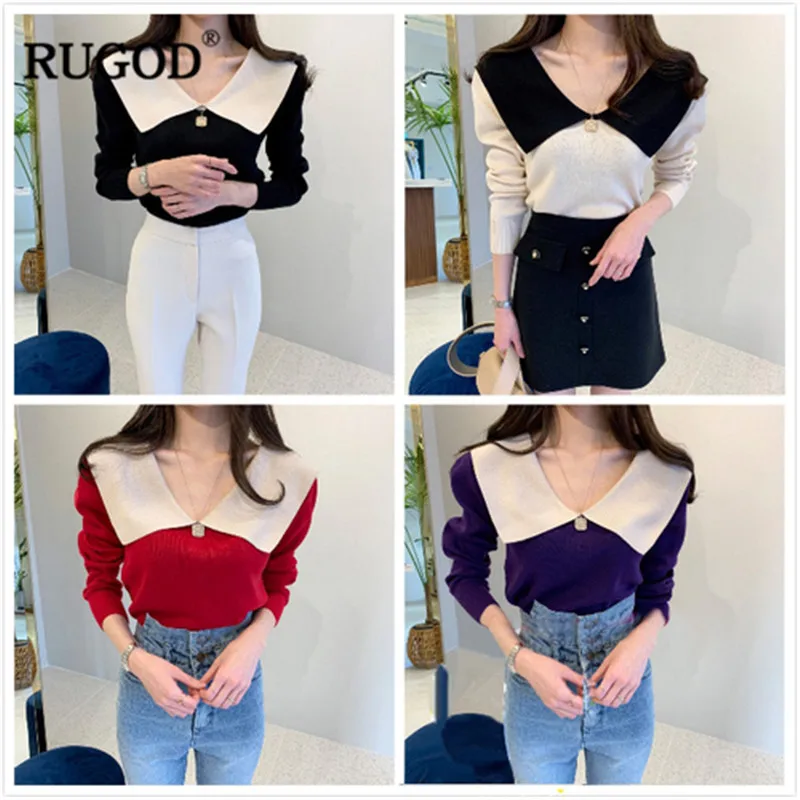 Женский свитер с длинным рукавом RUGOD вязаный в Корейском стиле воротником Питер