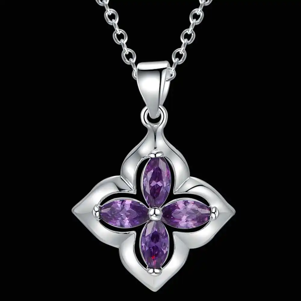 Hot Sales Silver Color Purple Zircon Flower Pendant Necklace Ladies Girl Christmas Gift Jewelry Drop shipping Wholesale | Украшения и