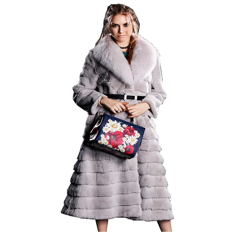 Женская осенне зимняя длинная куртка с воротником из лисьего меха|rex rabbit fur