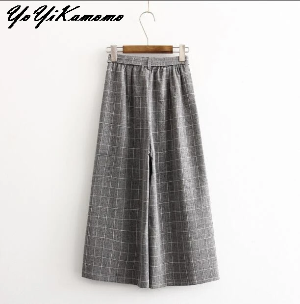 YoYiKamomo 2017 Women Pants Autumn Spring Japanese Mori Girl wide-legged High Waist Plaid Casual Trousers | Женская одежда