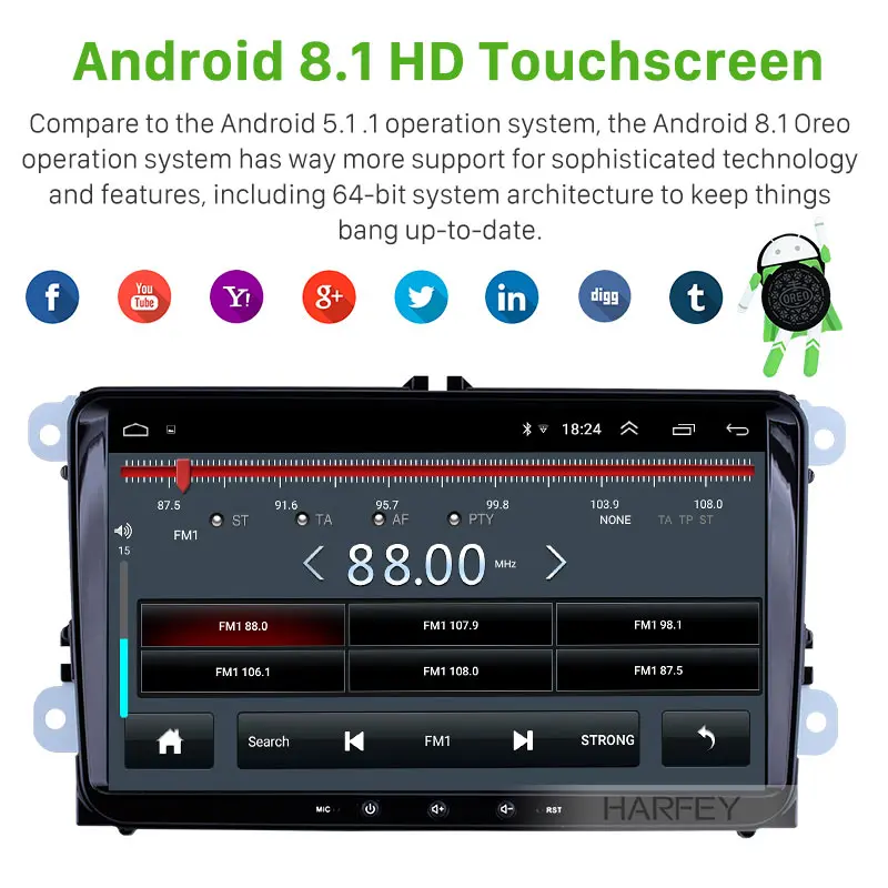 Harfey 9 &quotAndroid8.1 3G Автомобильный мультимедийный плеер радио GPS Авторадио для VW POLO