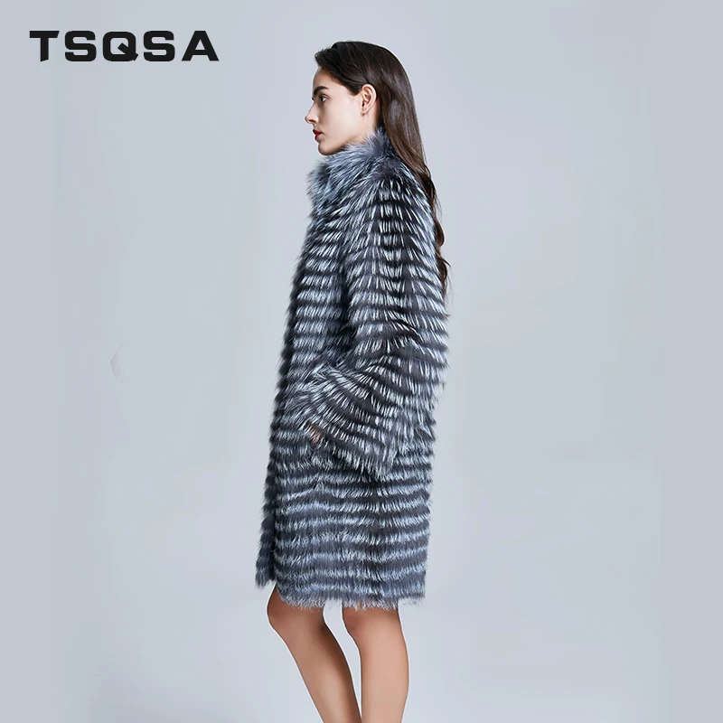 TSQSA Женщины Настоящее Silver Fox Шубы Натуральный Мех Зимняя Мода Полосатые Куртки