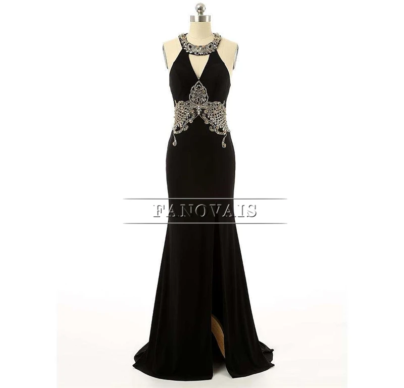 Настоящая фотография Черный Русалка вечернее платье Холтер Кристалл из бисера