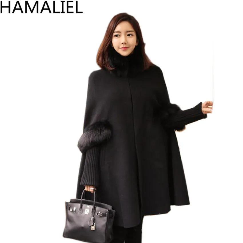 Черный HAMALIEL, женский черный плащ с меховым воротником, шерстяное пальто,, зимнее кашемировое шерстяное пальто с длинным рукавом, повседневное пончо, теплое, плюс размер, накидка, пальто - Цвет: Черный