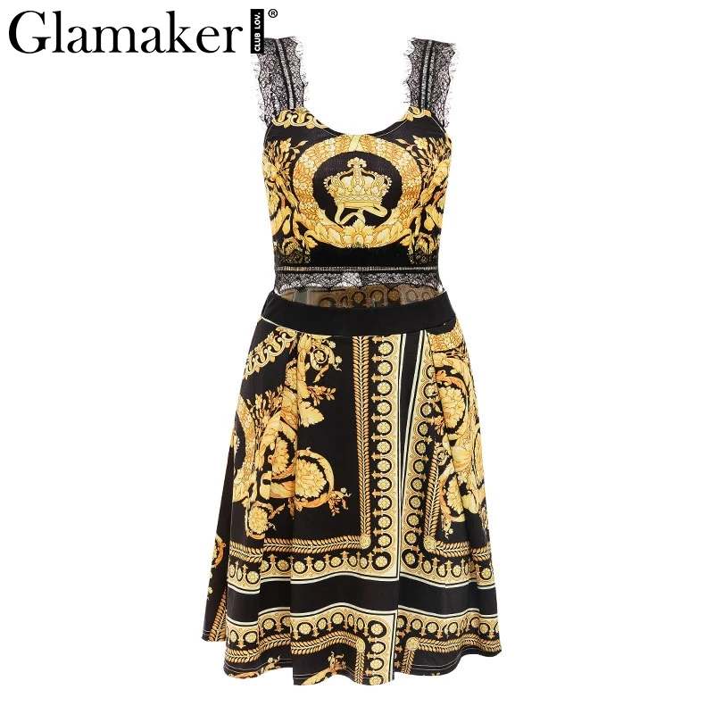 Glamaker, винтажное Черное Женское Платье с принтом пейсли, сексуальный костюм из двух частей, элегантные вечерние платья золотистого цвета, летнее пляжное кружевное платье в стиле пэчворк