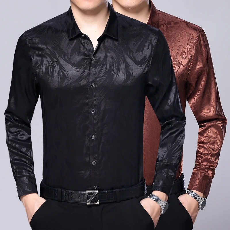 Новое поступление 2017 Осень и весна мужские атласные шелковые рубашки Модные