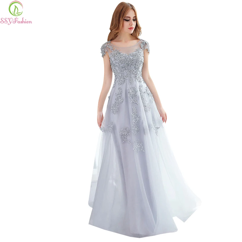 Распродажа длинных вечерних платьев серое кружевное вышитое вечернее платье