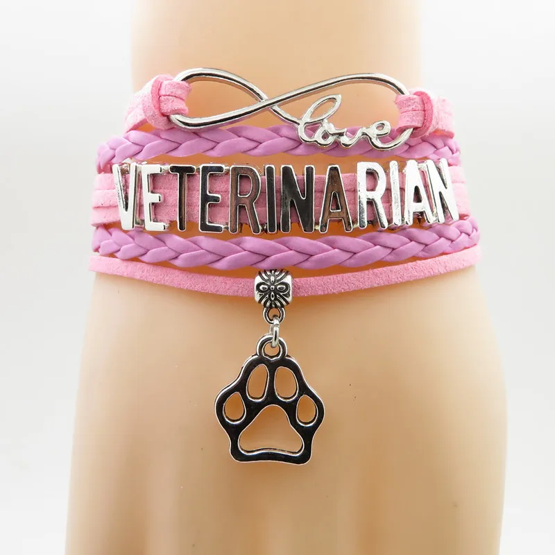 Pink -Veterinarian Модный ветеринарный браслет Подвеска собачья лапа ветеринарная собака подарок черные кожаные браслеты и браслеты для женщин и мужчин ювелирные изделия - Окраска металла: Pink -Veterinarian