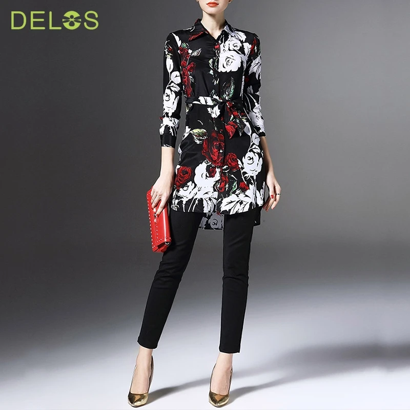 DELSO Марка Vestido Женская Мода Новый Длинным Рукавом отложным Воротником Цветочные