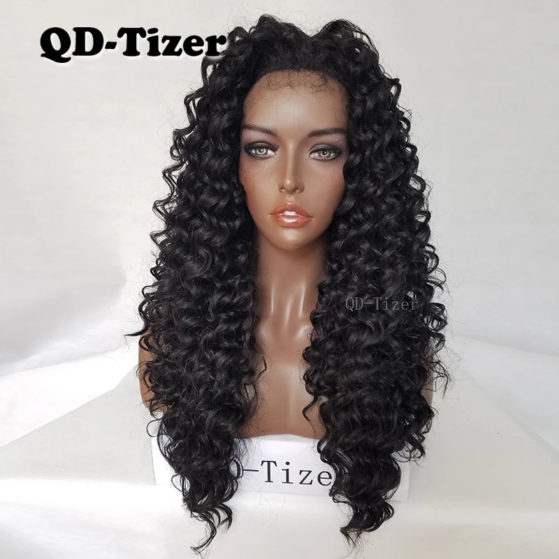 QD-Tizer парики на кружеве черный цвет 180 плотность кудрявые волосы без клея термостойкие синтетические парики на кружеве для женщин