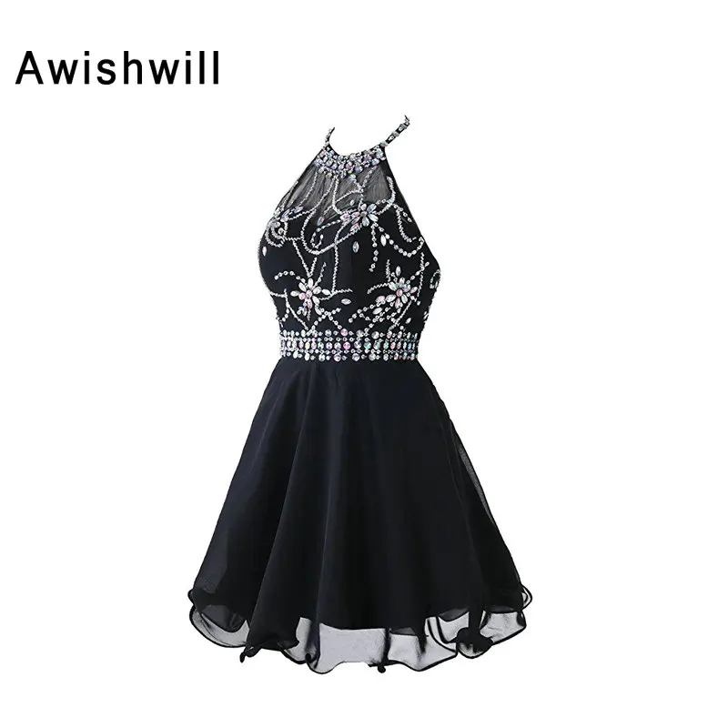 Женское шифоновое короткое платье с открытой спиной без рукавов|prom dress black|prom