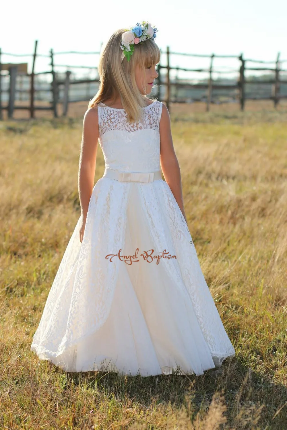 White/Ivory sheer Lace Flower Girl Dress for country wedding Floor Length junior bridesmaid first communion outfit | Детская одежда и