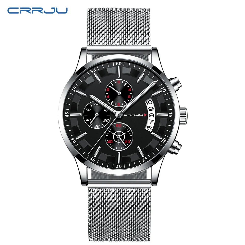mesh silver black CRRJU роскошный бренд новые мужские наручные часы в деловом стиле Хронограф Дата из нержавеющей стали Кварцевые наручные часы мужские подарки часы - Цвет: mesh silver black