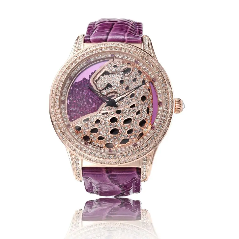 Purple Princess Butterfly бренд Леопард с кристаллами часы женские OEM зыбучие пески циферблат кожа водонепроницаемый кварцевые роскошные фиолетовые часы женские наручные - Цвет: Purple
