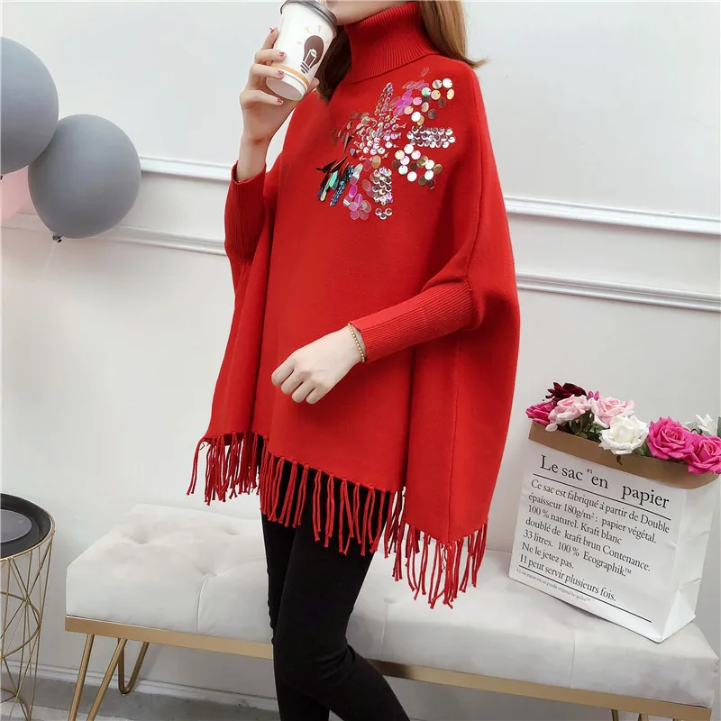 Женский свитер пончо с рукавами летучая мышь Зимний пуловер высоким воротником и