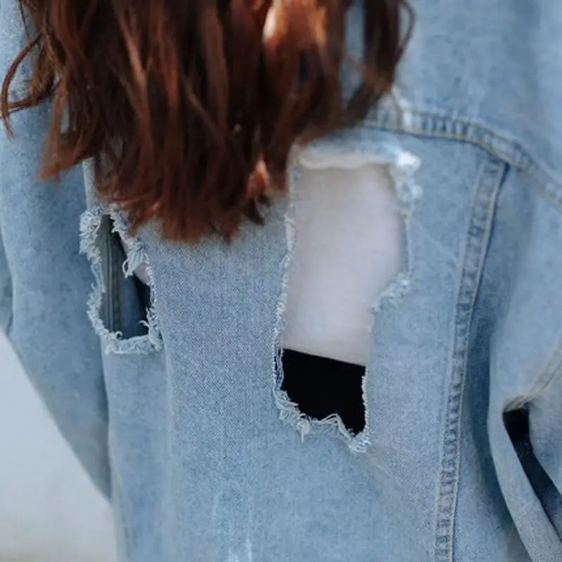 

Big Hole Ripped Loose Fit Long Sleeved Turn Down Collar Single Breasted Womens Jackets Retro Bf Style Korean Style New Fashion
