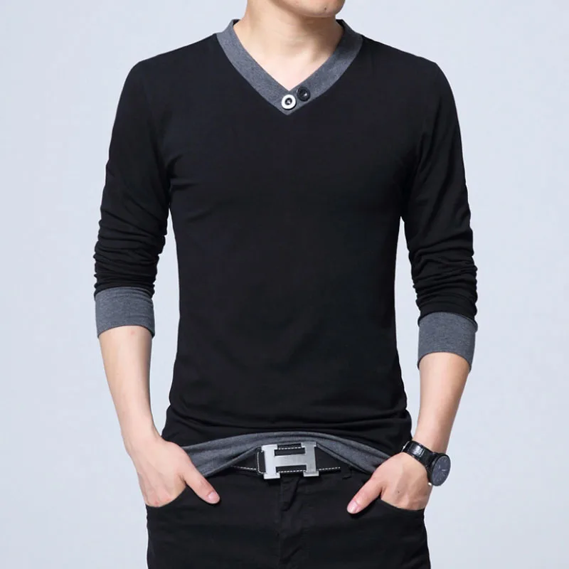 Черная футболка с длинным рукавом мужская 2019 новый бренд контрастного цвета Slim Fit