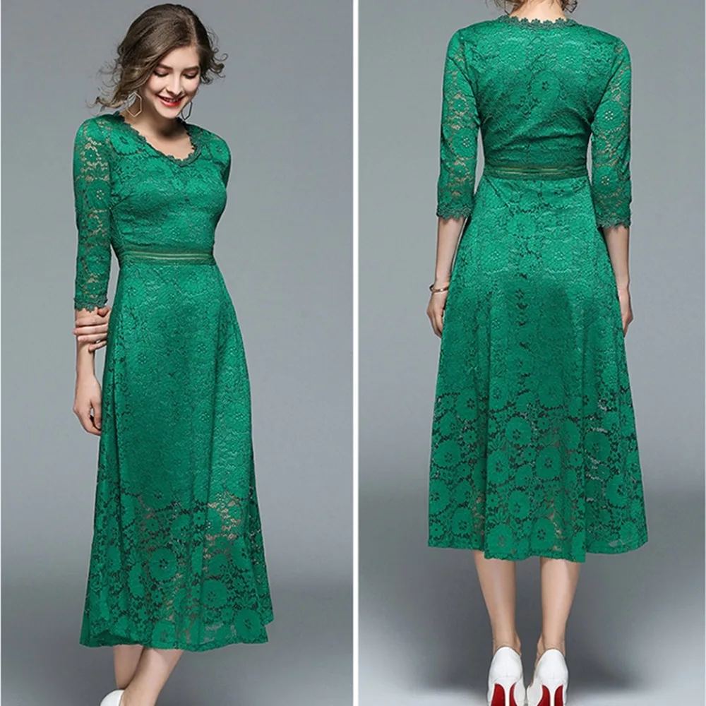 Summer Dress 2018 Women Fashion Slim Black Green V Neck Sleeves Lace Hollow Long Dresses vestedido | Женская одежда