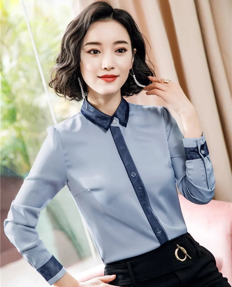 

Ladies Formal Elegant Gray Long Sleeve Blouses and Shirts For Women Business Work Wear Blouse Tops Blusas Clothes OL Styles