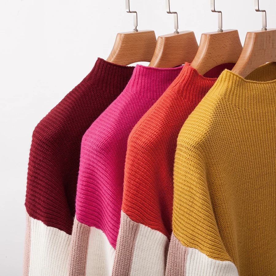 

Geometric Contrast Color Patchwork Women's Ribbed Sweater Fall Winter Lazy Wind Office Lady Knitted Jumpers Rib Sweaters