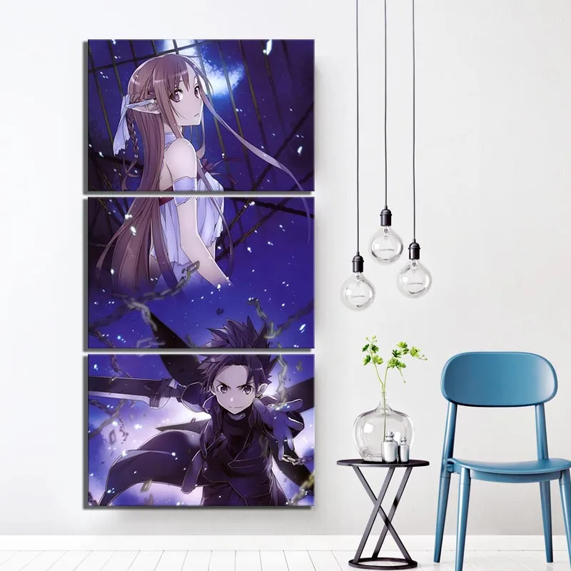 Home Decor Canvas Printed HD 3 Piece Anime Sword Art Online Painting Modular Picture Role Boys Girls Room Poster Framed Wall | Дом и сад