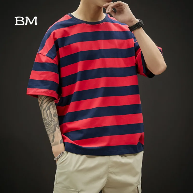 Футболка мужская оверсайз в стиле хип-хоп уличная одежда полоску с коротким
