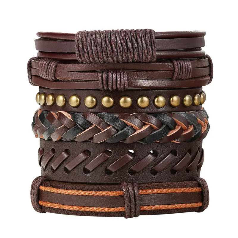 2019 New 6 pcs 1 Set Fashion accessories Owl Bead Leather Bracelets &amp bangles Multilayer Braided Wristband Bracelet Men pulseira |