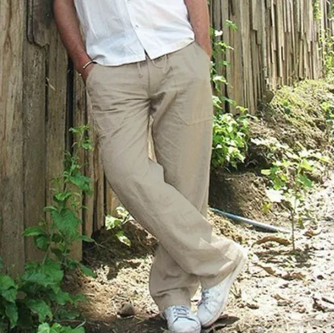Брюки мужские хлопково-льняные повседневные мешковатые штаны с карманами