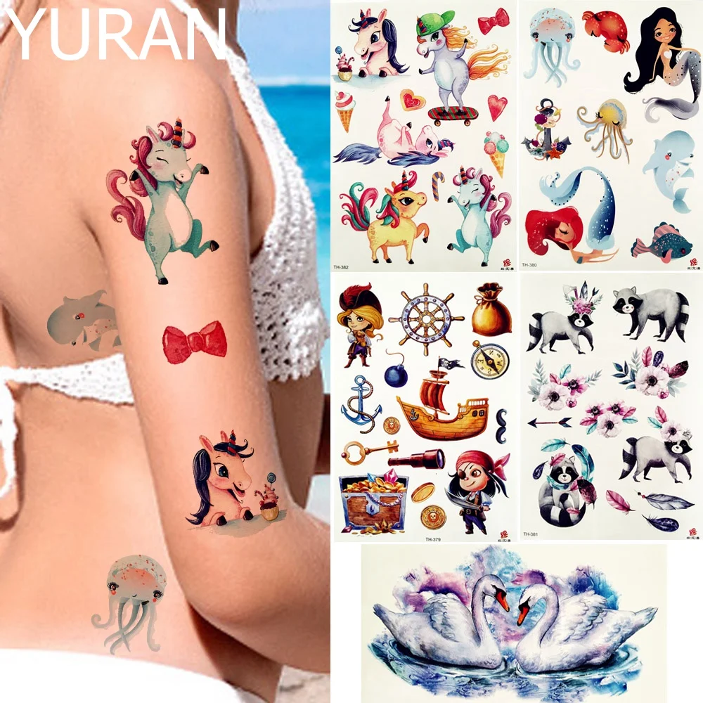 

YURAN Kids Cartoon Cute Temporary Tattoo Stickers Women DIY Hands Arm Unicorn Bow Tattoos Mermaid Girl Octopus Fake Tatoos Paste