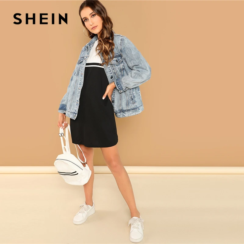 SHEIN Контрастное Повседневное Платье С Длинным Рукавом, Спортивное Платье Свободного Кроя
