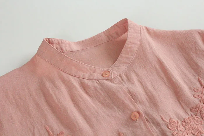 

4548 Summer Women Japan Style Cotton Linen Stand Collar Top Linen Embroidery Short Sleeve Blouse Big Size Loose A-Line Blouse