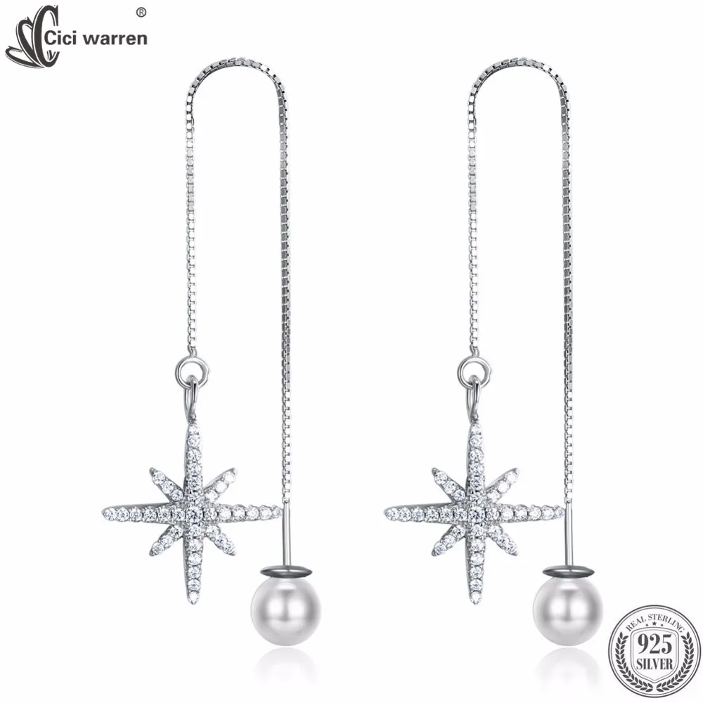 CICI WARREN Fine Jewelry 100% 925 Sterling Silver Drop Earrings Shiny Star With Pearl AAA+ Zircon Gift For Women CWE006 | Украшения и