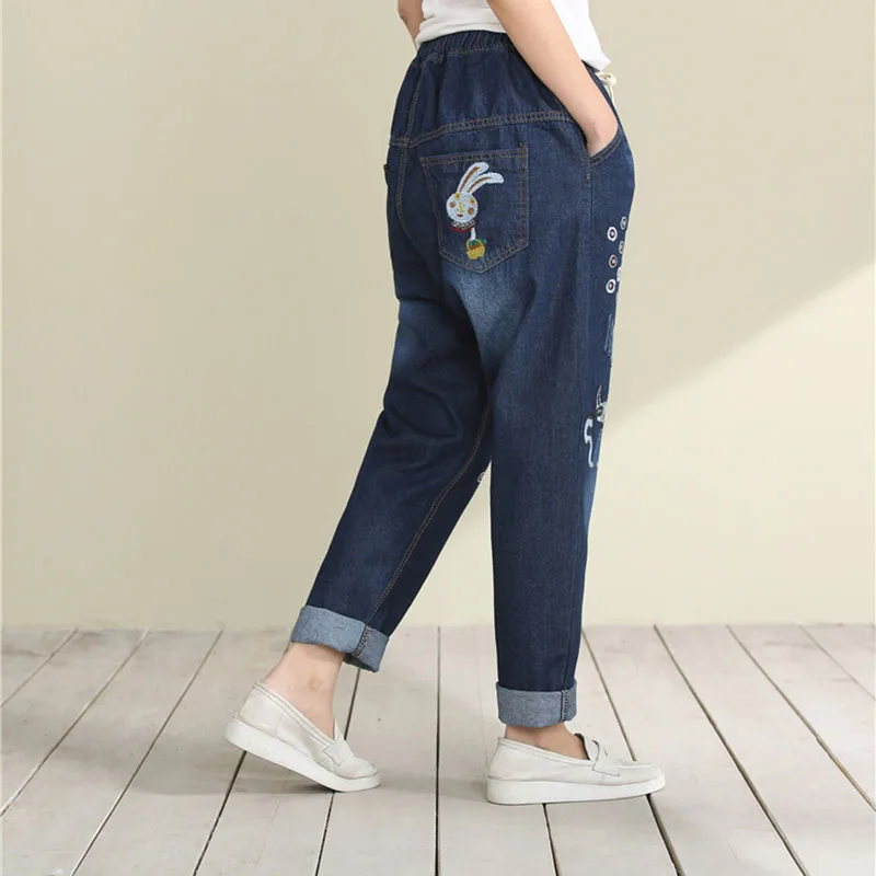 Женские винтажные джинсы с вышивкой свободные брюки принтом и эластичной талией