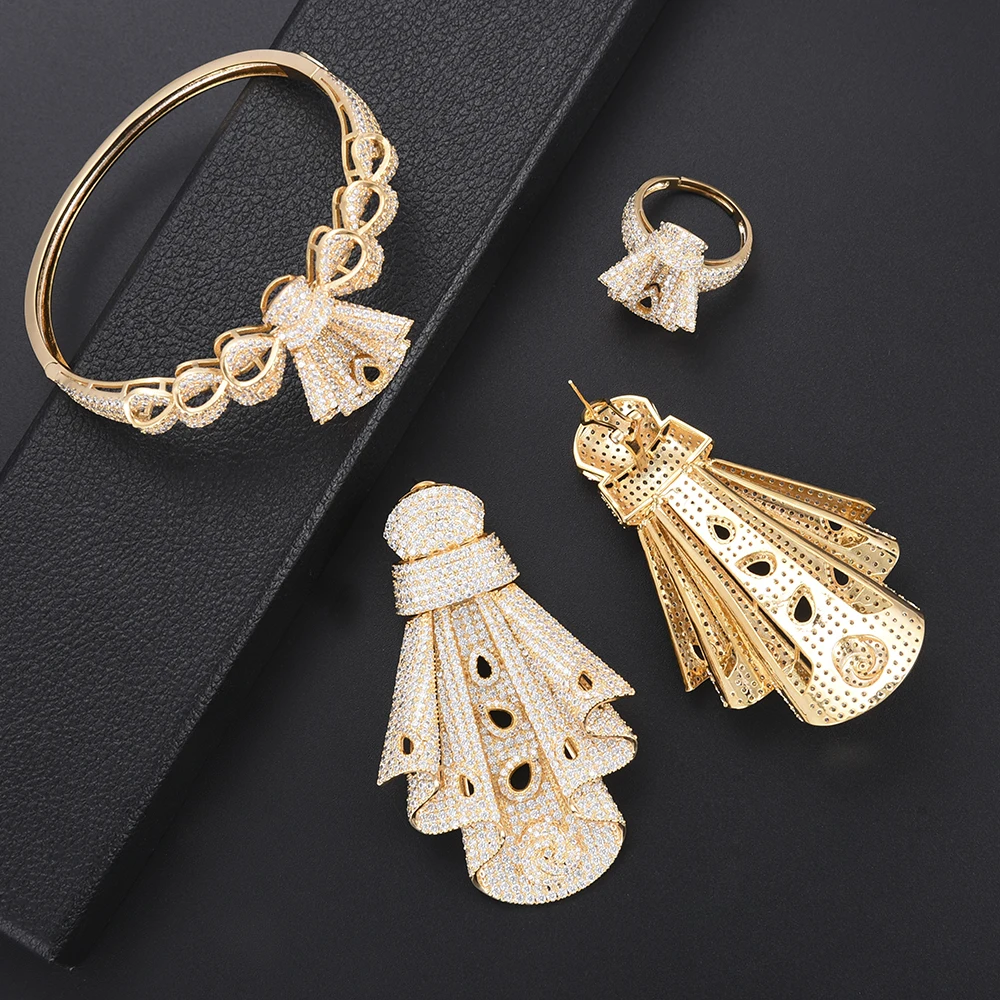 Fashion African Wedding Jewelry Cubic Zirconia Bridal Sets Big Necklace Earrings Bangle Ring Set For Women Engagement | Украшения и