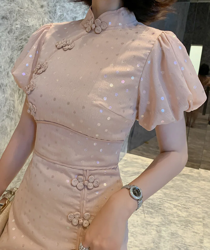 Летние винтажные платья Cheongsam, офисный Женский Бандаж, Сплит, Сексуальные вечерние платья, стоячий воротник, короткие пышные рукава, высококачественное женское платье