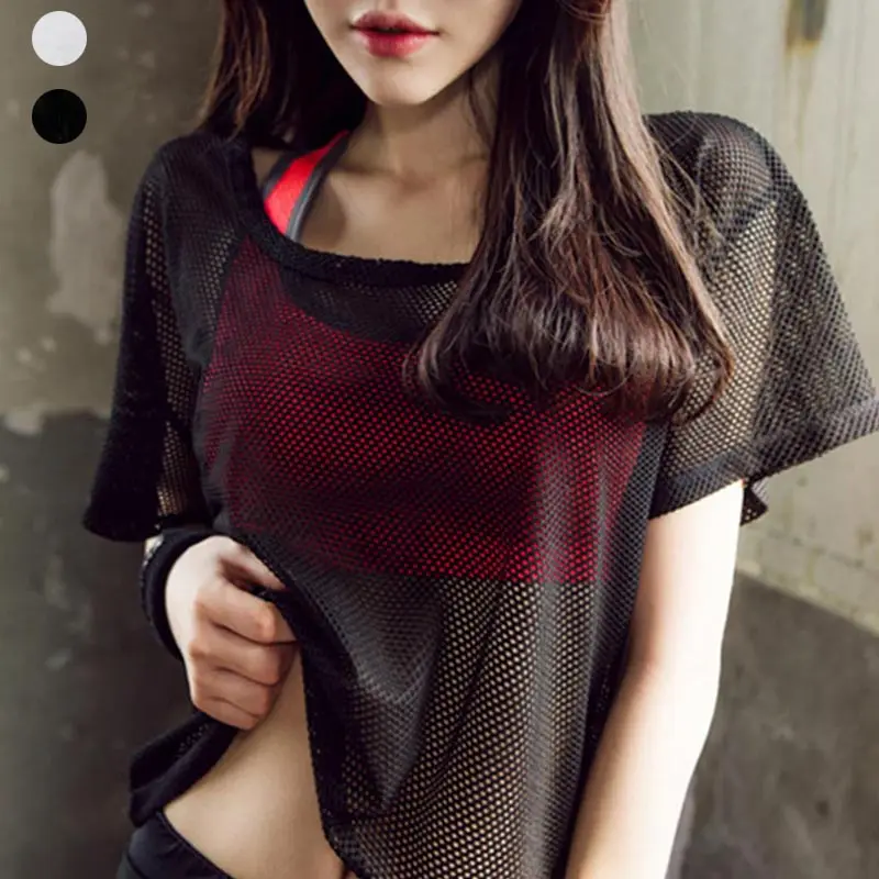 

Summer Women Short Sleeve Euramerican Style Mesh Hollow Out Yoga Tshirt Quick Drying Jogging Sports Tops Comfortable Breathable