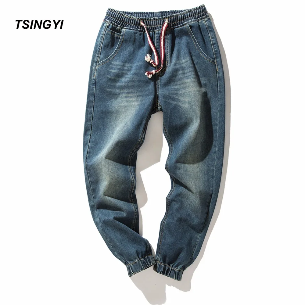 Tsingyi Denim Stretch Elastic Waist Jeans Men Blue Cargo Drawstring Harem Jeans Homme Cotton Plus Size Full Length Pants