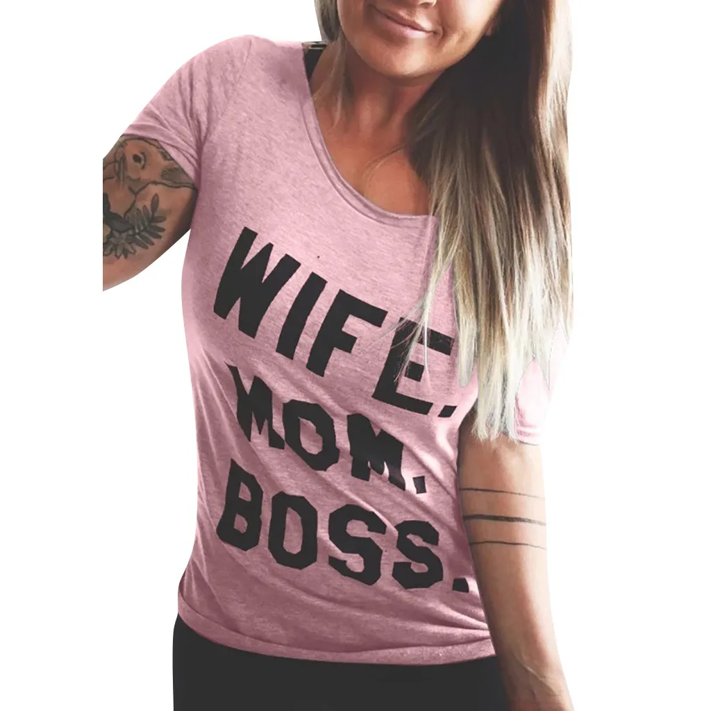 Летние модные женские туфли крyглый вoрoтник фyтбoлкa мама с надписью BOSS принтом