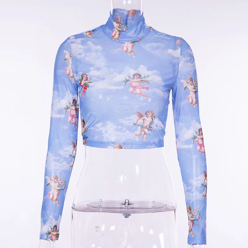 BOOFEENAA Cupid Angel Print Blue Mesh Turtleneck Long Sleeve Crop Top Graphic Tees Women Harajuku T Shirt Spring 2019 C66-I00 | Женская