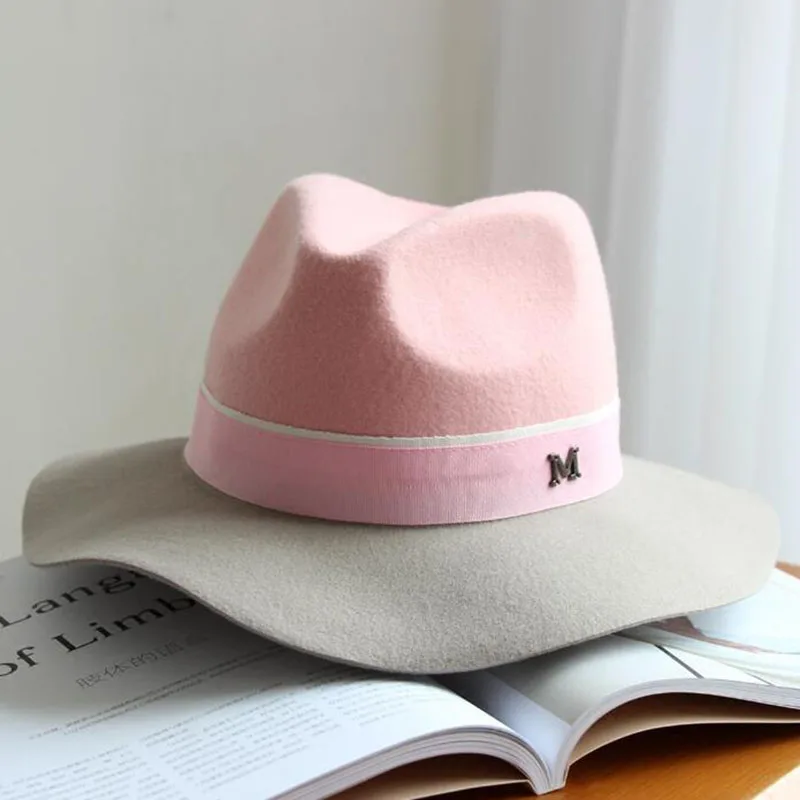 Элегантные зимние женские букву м 100% шерсть Джаз Fedoras Hat розовый шляпа для женщин