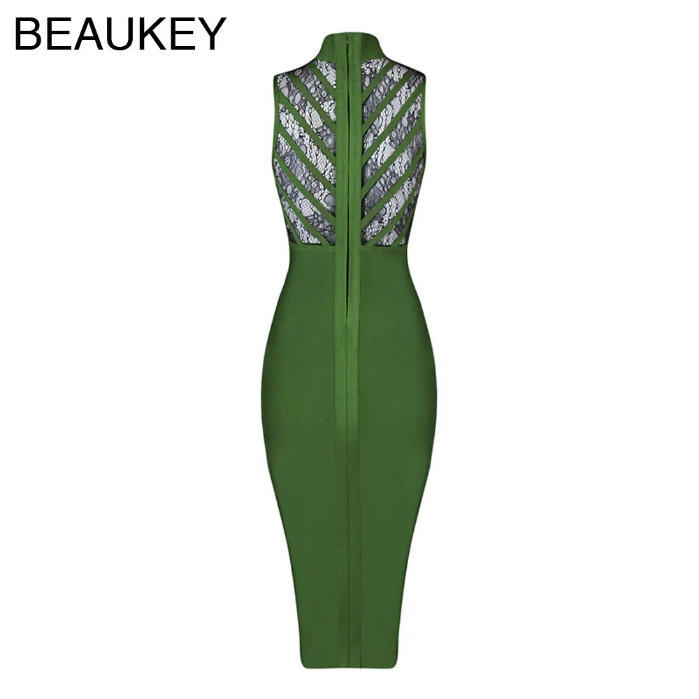 Женское облегающее платье до колен кружевное зеленое Бандажное без рукавов из
