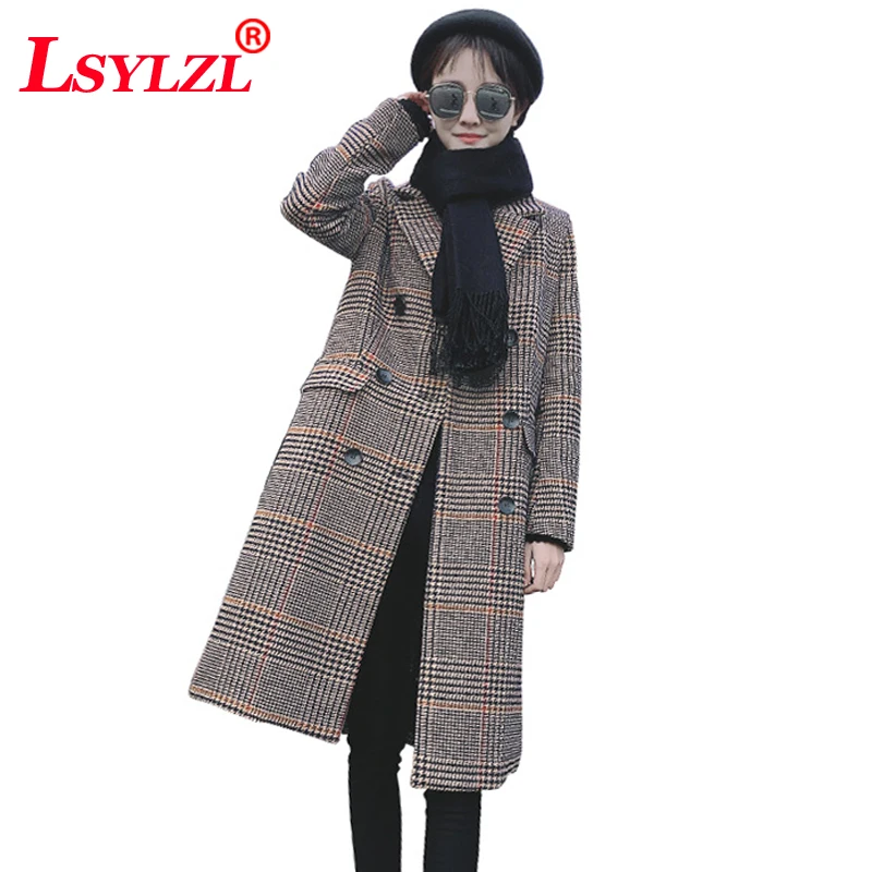 Клетчатое шерстяное пальто 2018 Осень Зима Британский стиль ретро Женская длинная