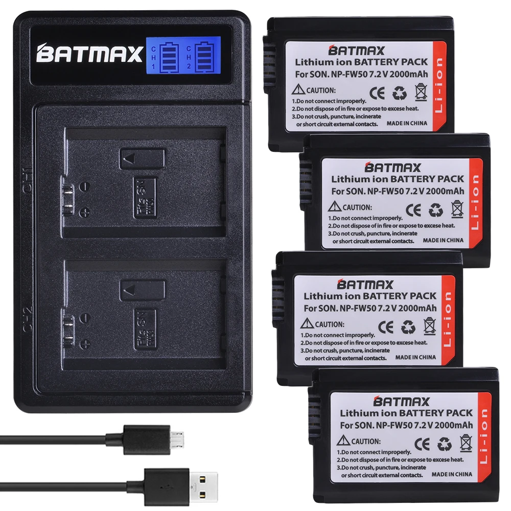 Batmax 4 шт. NP-FW50 NPFW50 батарея + LCD USB двойное зарядное устройство для Sony A6000 a6400 a5100 a35 A55 a7s