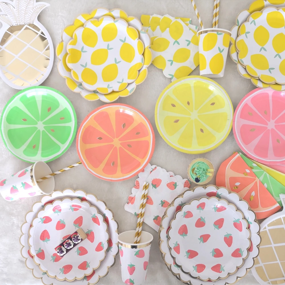 8 шт бронзовая лимон бумажные тарелки для клубника вечерние Одноразовые Салфетки
