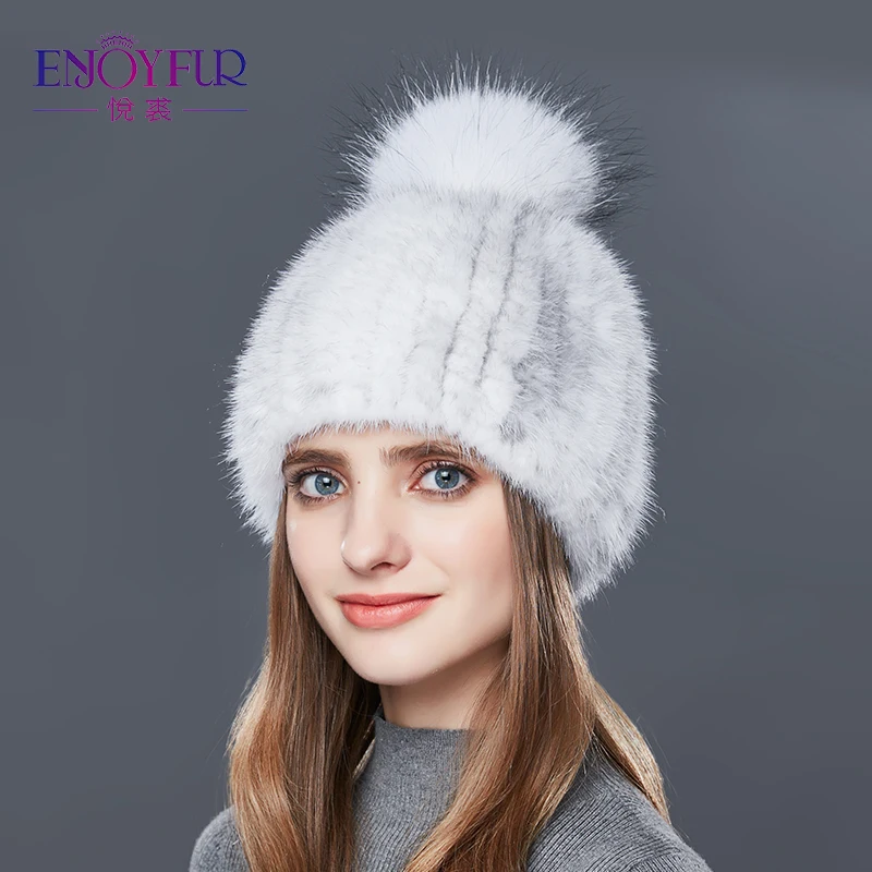 Enjoyfur Для женщин Мех Кепки реального норки шляпа с Pom Вязаная норка Шапки для На
