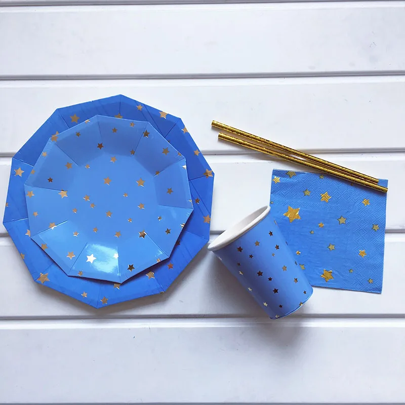 BLUE B Pentagram / Star Star Theme Disposable Tableware Sets Party Plates Cups Paper Straws Birthday Party Decorations Party Supplies - Цвет: BLUE B