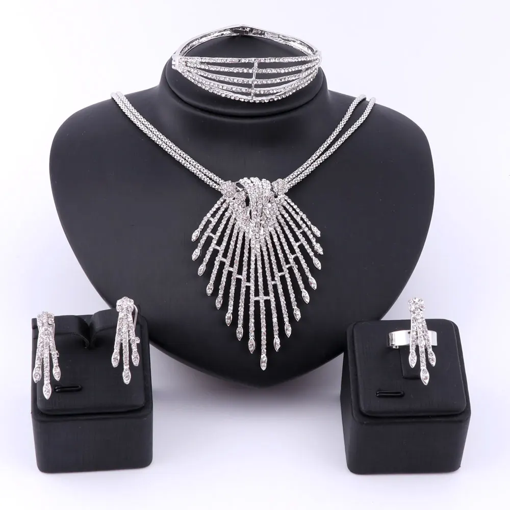 Silver Изысканные африканские бусы, ювелирные наборы, ожерелье, серьги браслеты, кольца с кристаллами, вечерние, свадебные, золотые, цвет, Свадебный воротник, аксессуары, наборы - Окраска металла: Silver