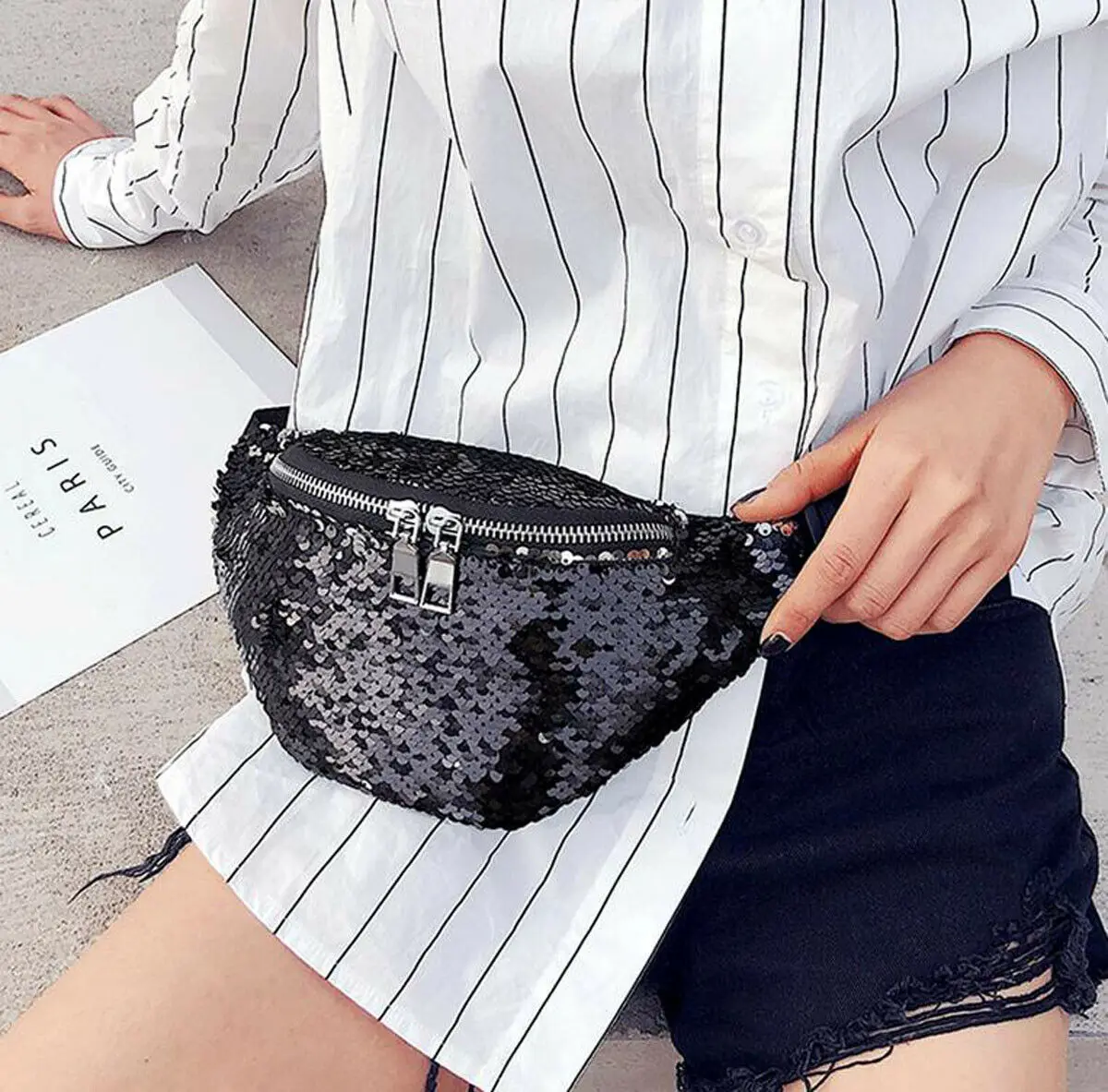 Новый стиль Женская мода двусторонний Русалка с блестками сумка на поясном ремне