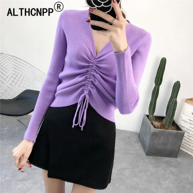 

Harajuku Pullover Knitted Sweater Korean V-neck Drawstring Sexy Women Sweater Crop Top Sweater pull femme hiver sueter mujer