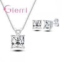 top quality 925 sterling silver jewelry set for women girls shiny square crystal pendant necklace stud earrings wholesale hot